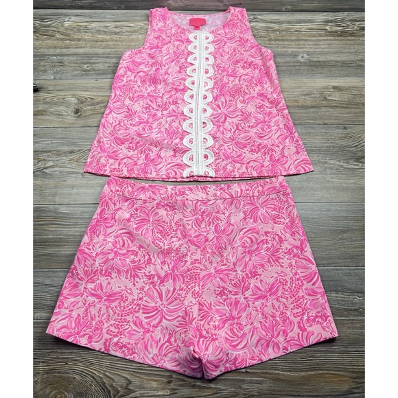 Lilly Pulitzer Tops - Lilly Pulitzer 10 Pink Blossom FOXY LLAMA FOLA SET Sleeveless Top & Shorts Golf
